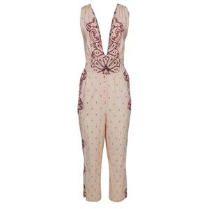 Free People-Light Pink Ivory Bohemian Print Sleeveless Straight Leg Jumpsuit XS
